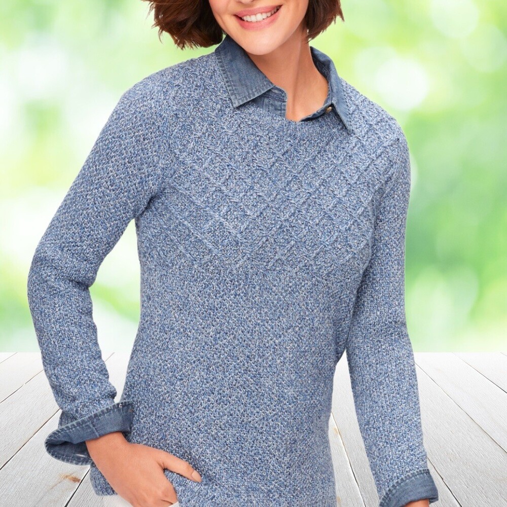 TALBOTS Diamond Knit Tunic Sweater 100% Cotton Preppy Nautical Light Blue Size M